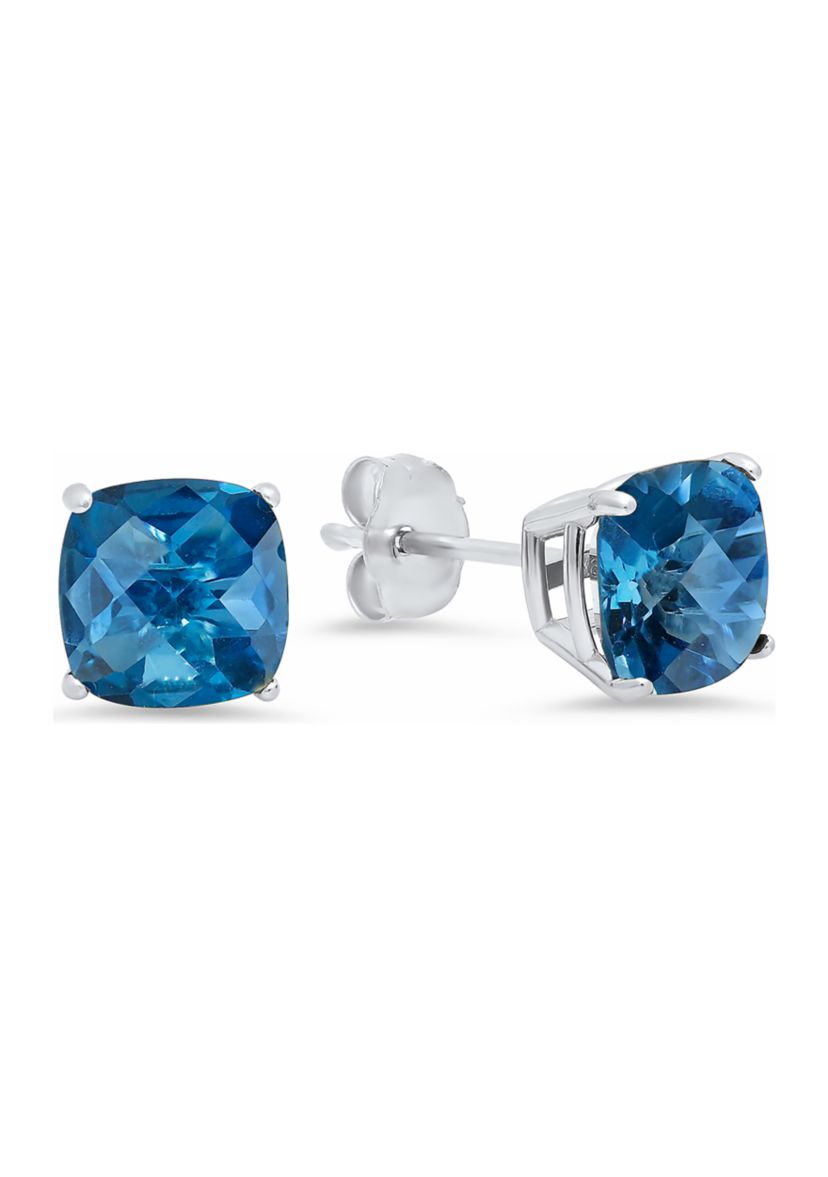 Sterling Silver Cushion-Cut Checkerboard Genuine Londen Blue Topaz Stud Earrings (8 Millimeter)