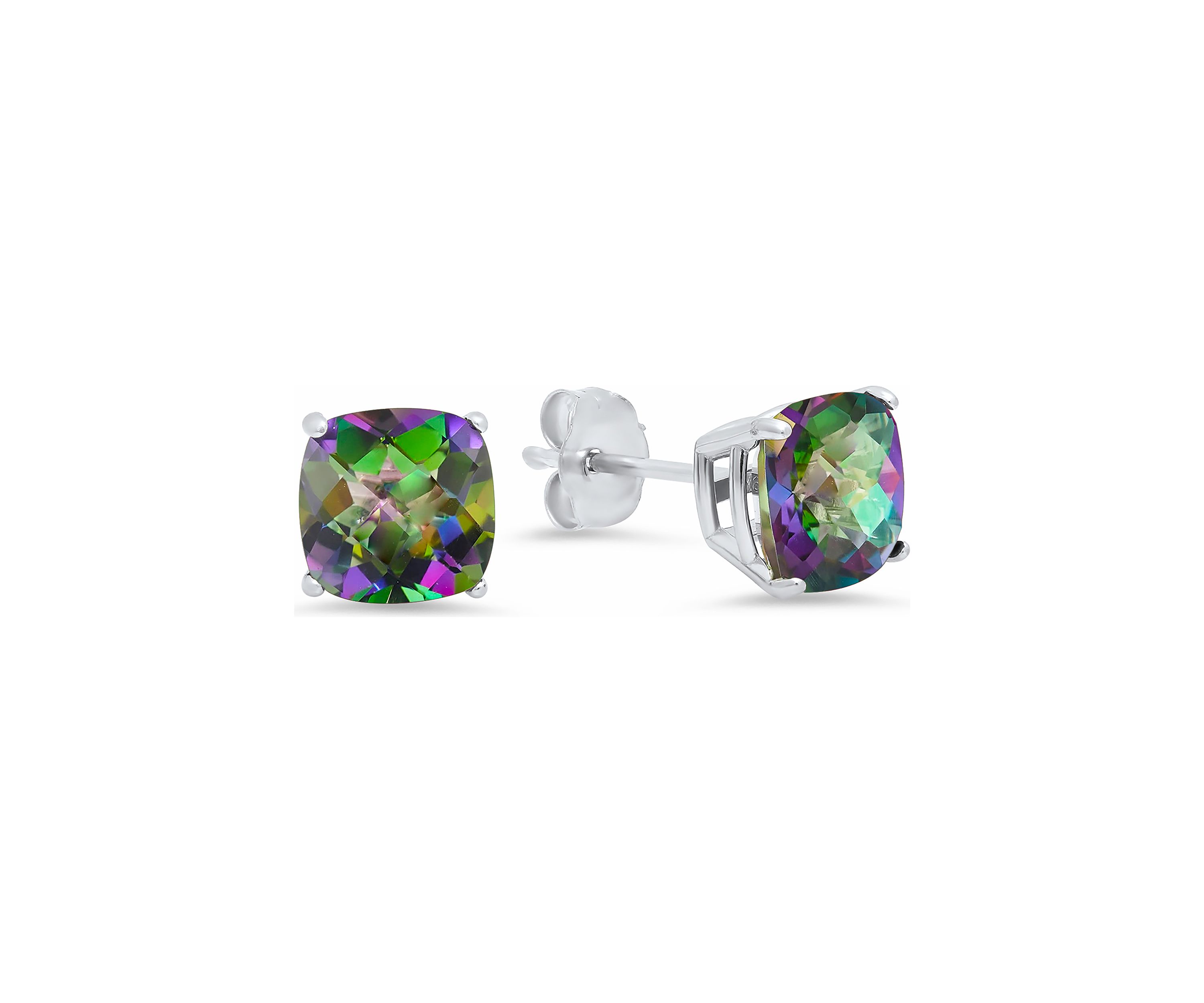Sterling Silver Cushion-Cut Checkerboard Genuine Mystic Topaz Stud Earrings (8 Millimeter)