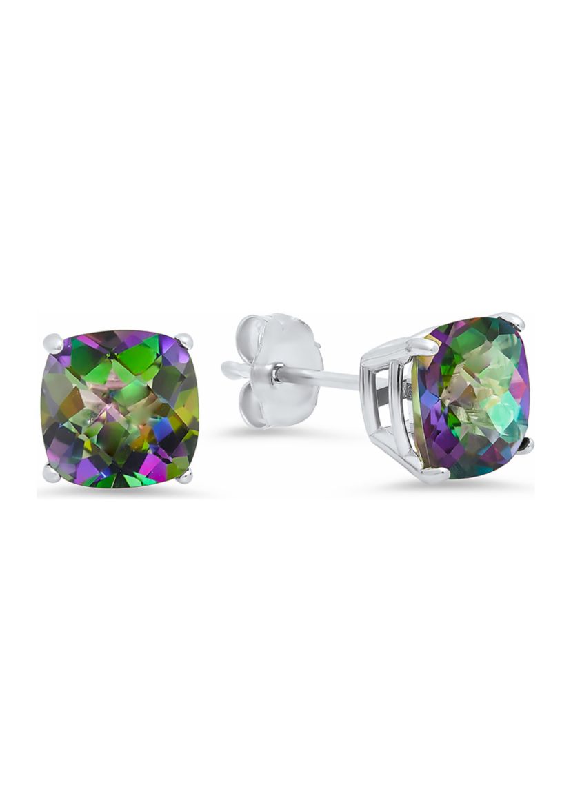 Sterling Silver Cushion-Cut Checkerboard Genuine Mystic Topaz Stud Earrings (8 Millimeter)