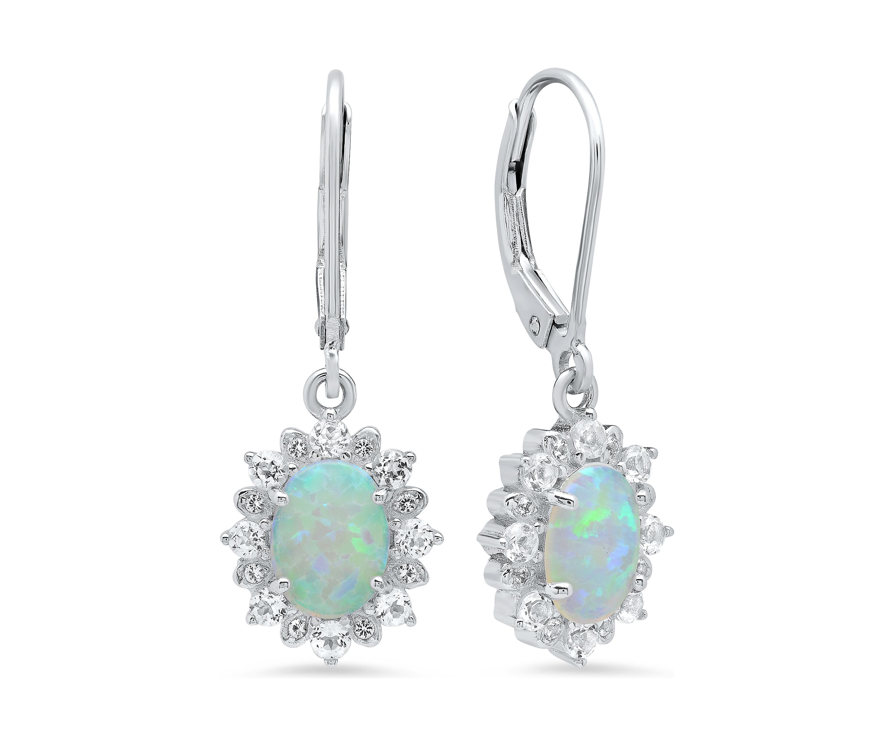 1 ct. t.w. Lab Created Opal Halo Sunburst Oval Lever Back Earrings in Sterling Silver