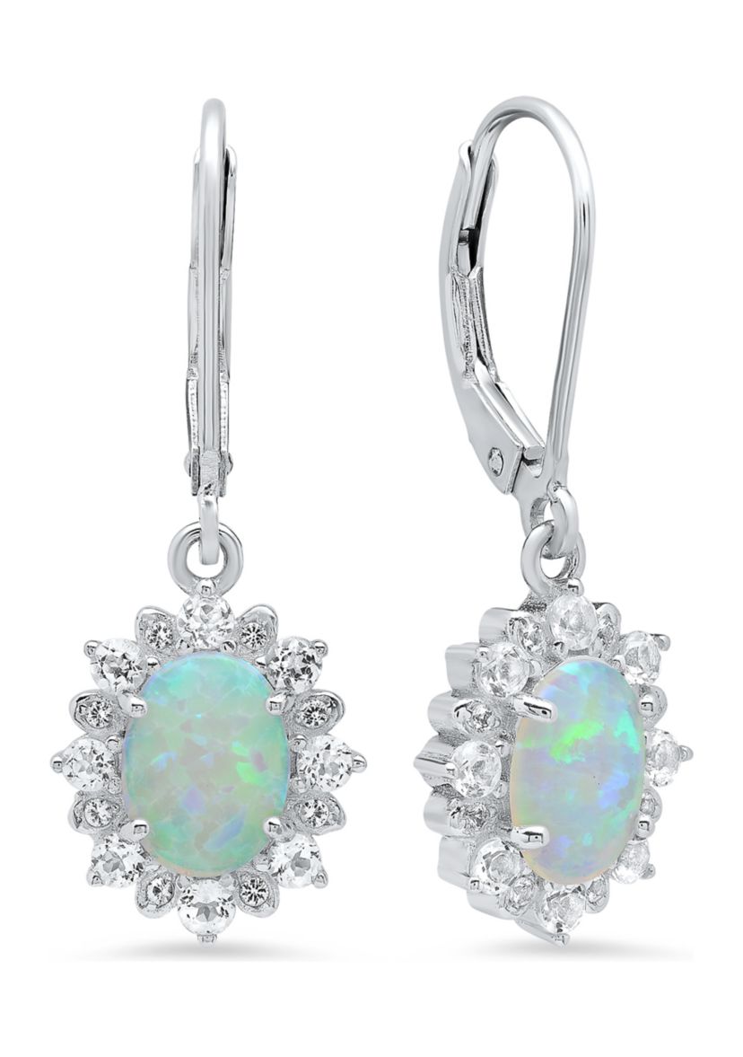 1 ct. t.w. Lab Created Opal Halo Sunburst Oval Lever Back Earrings in Sterling Silver