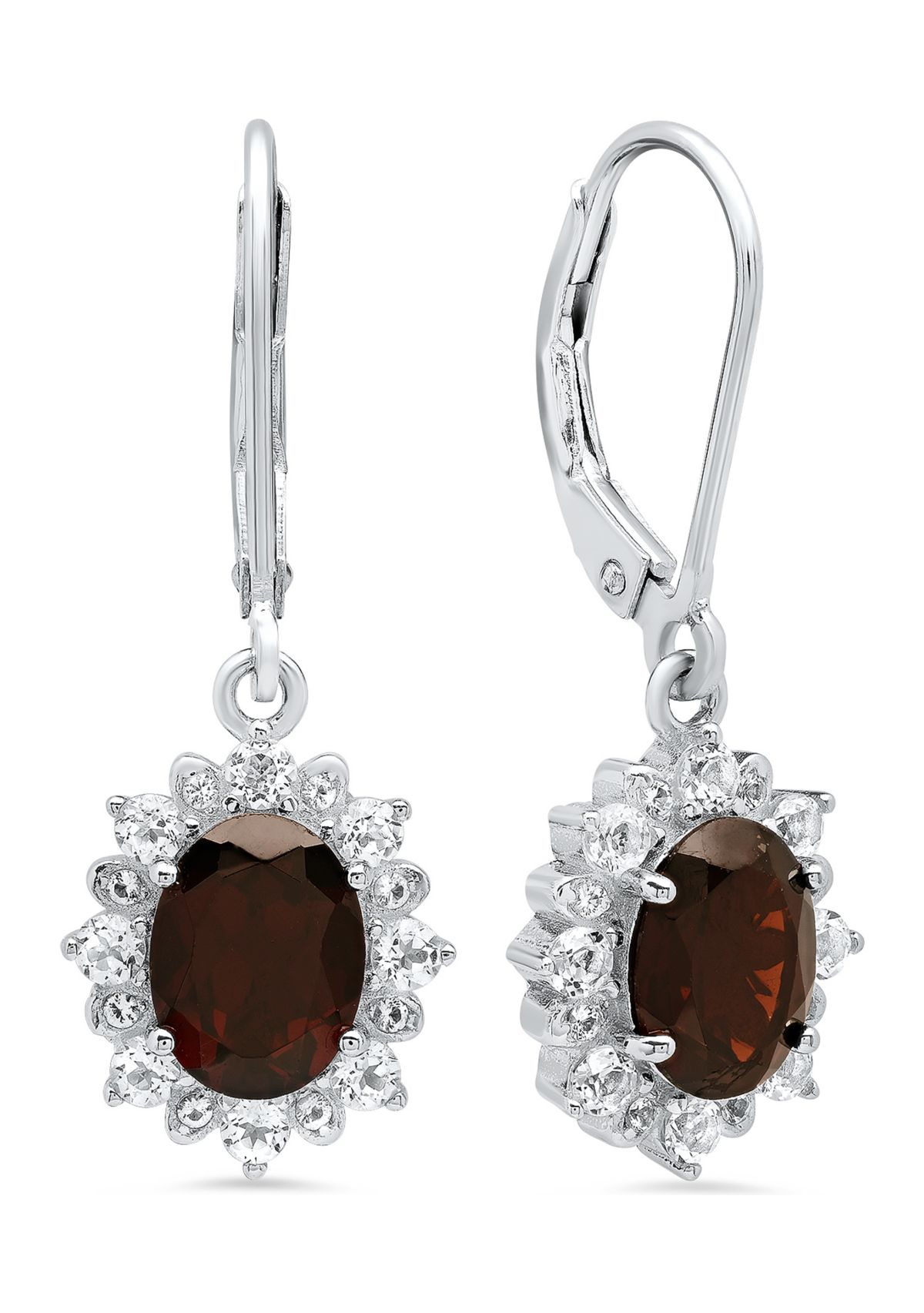 Sterling Silver Halo Sunburst Oval Garnet Leverback Earrings (8 mm x 6 mm) 