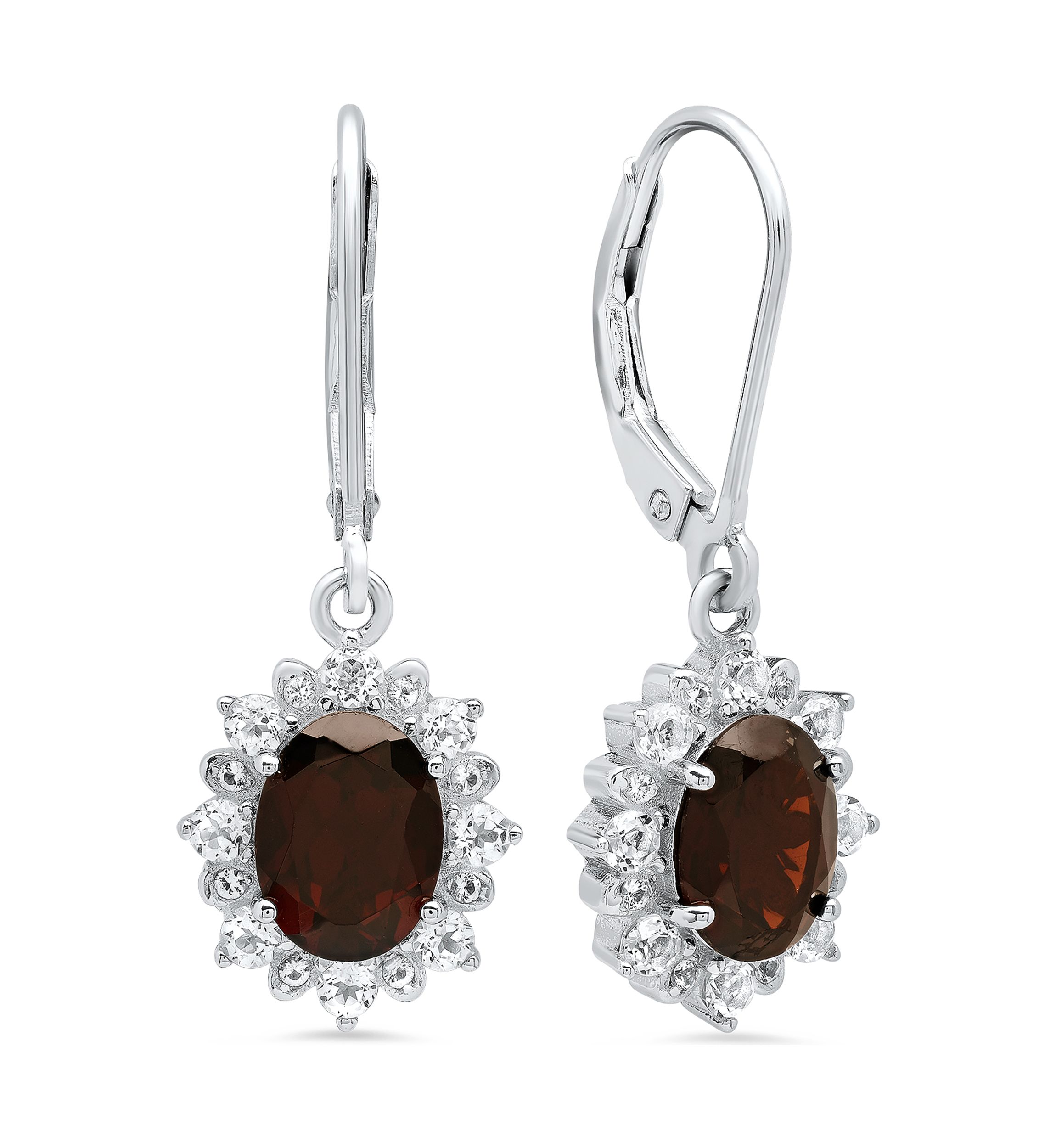 Sterling Silver Halo Sunburst Oval Garnet Leverback Earrings (8 mm x 6 mm) 