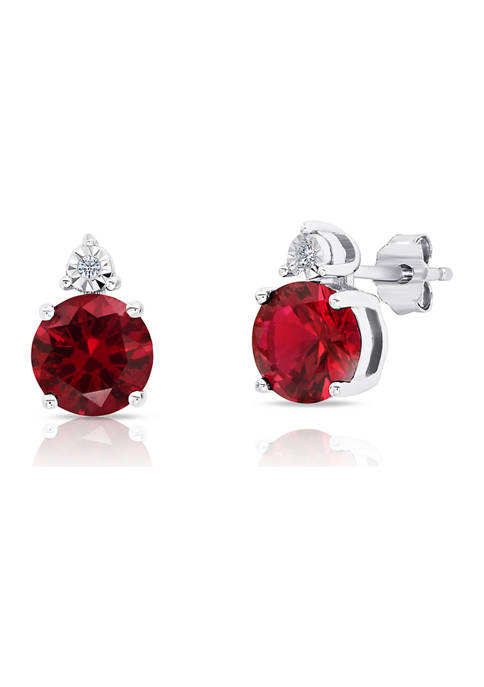 7 Millimeter Round Created Ruby and Diamond Accent Stud Earrings in Sterling Silver