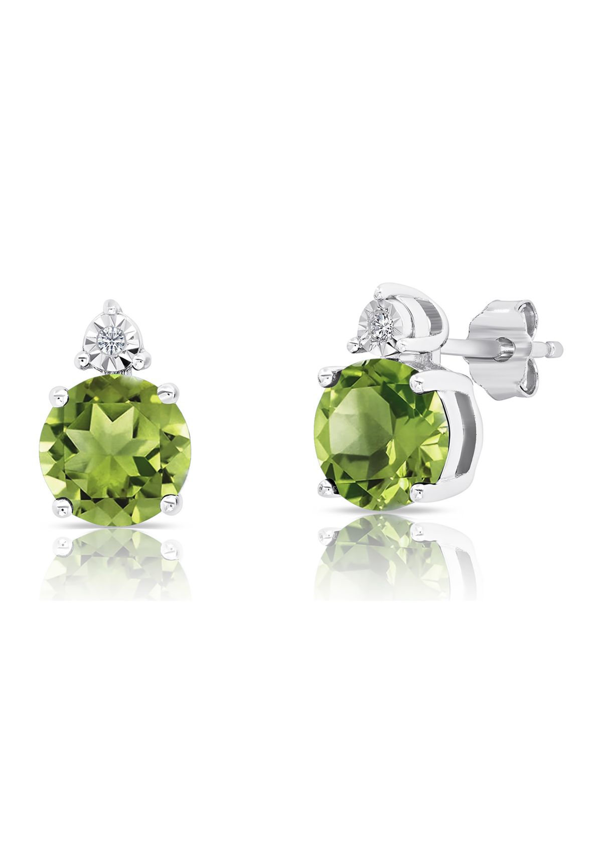 7 Millimeter Round Peridot and Diamond Accent Stud Earrings in Sterling Silver
