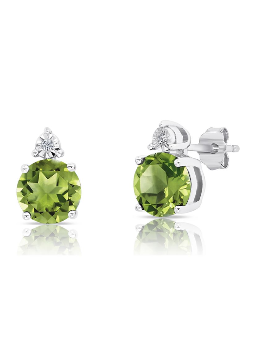 7 Millimeter Round Peridot and Diamond Accent Stud Earrings in Sterling Silver