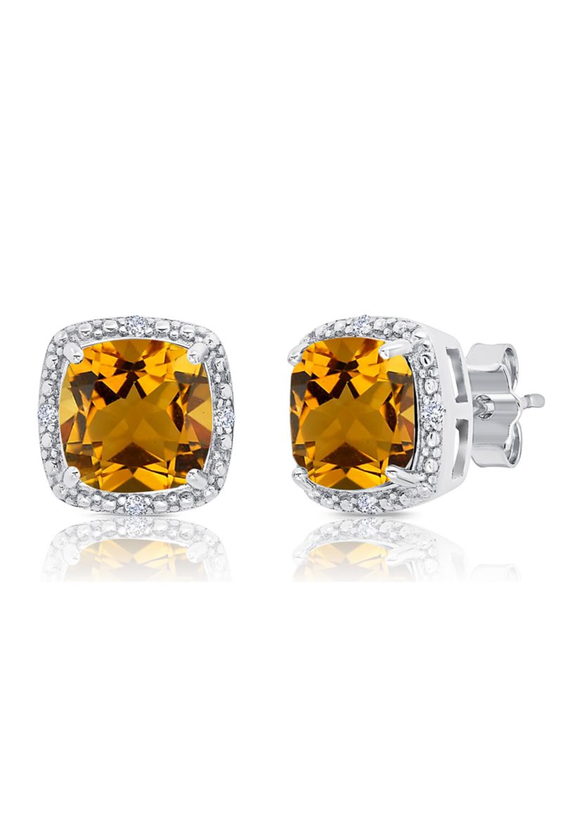 7 Millimeter Cushion Cut Citrine and Diamond Accent Halo Stud Earrings in Sterling Silver