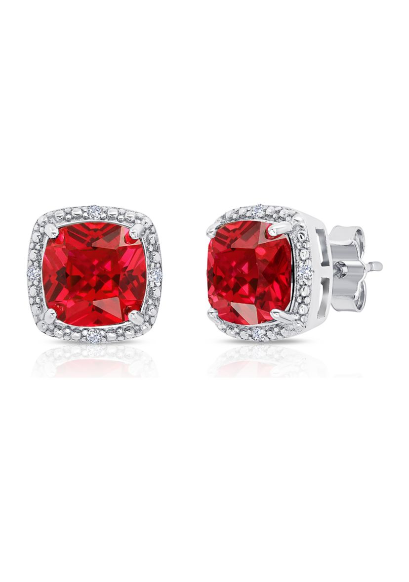 7 Millimeter Cushion Cut Created Ruby and Diamond Accent Halo Stud Earrings in Sterling Silver