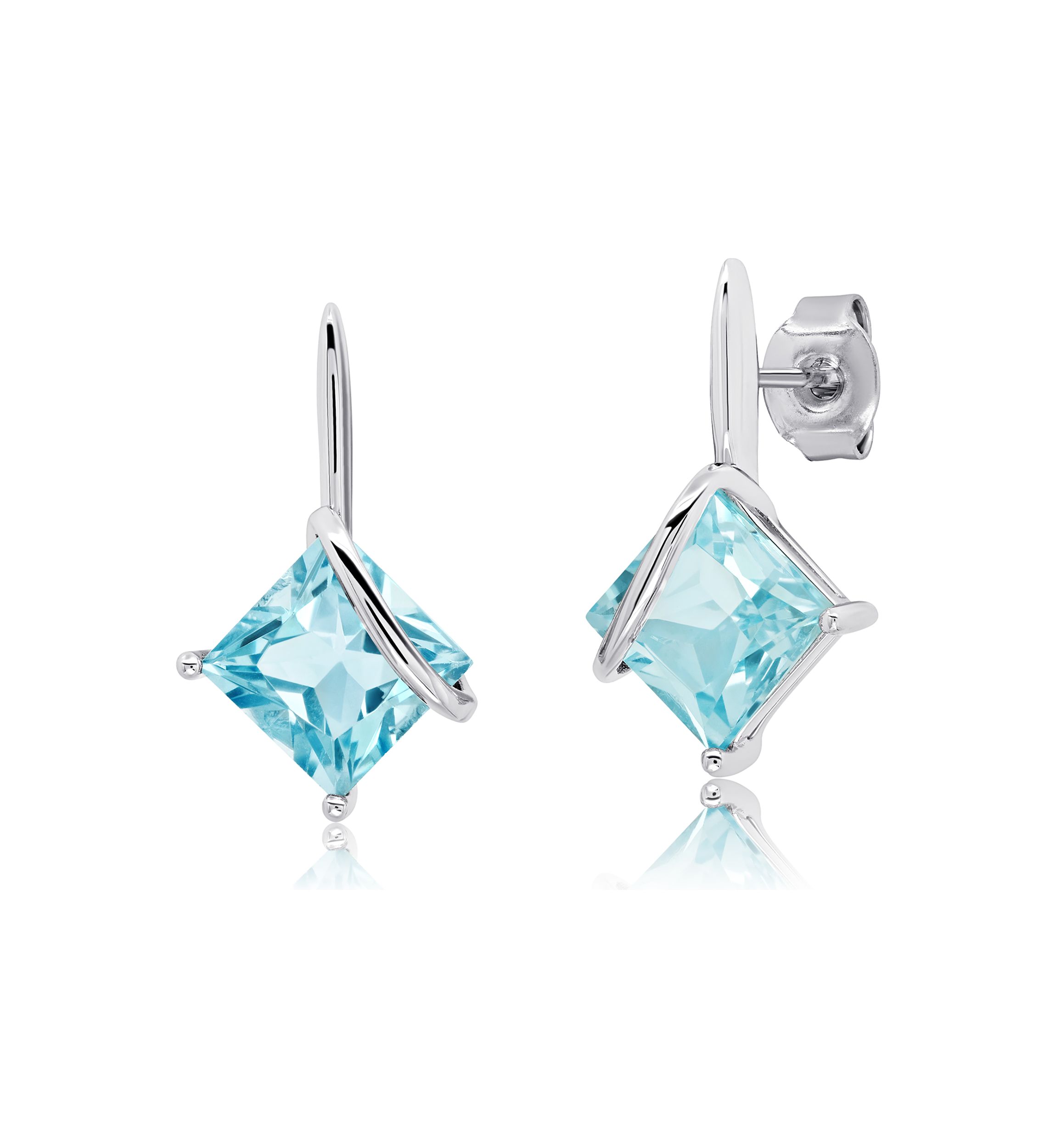 Sterling Silver 7MM Princess Cut Gemstone Drop Earrings