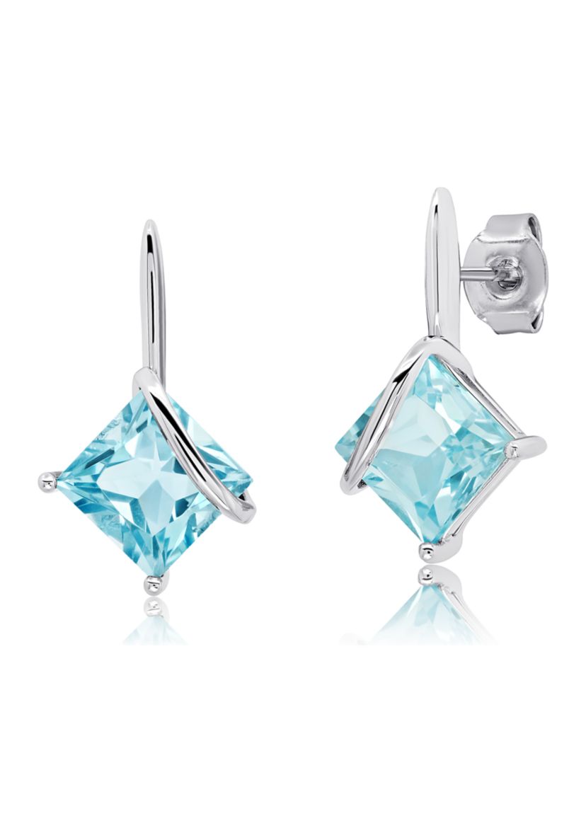 Sterling Silver 7MM Princess Cut Gemstone Drop Earrings