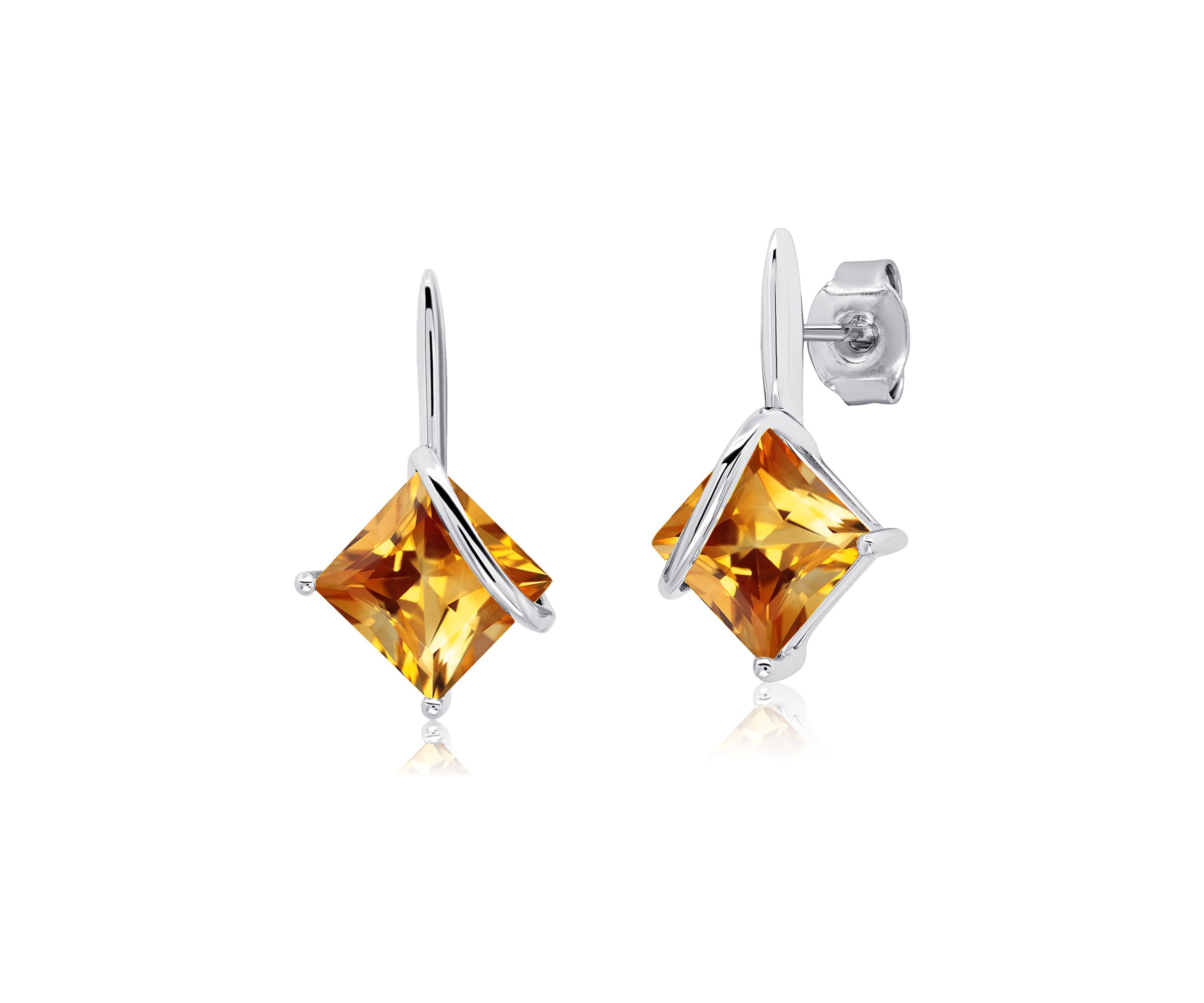 Sterling Silver 7MM Princess Cut Gemstone Drop Earrings