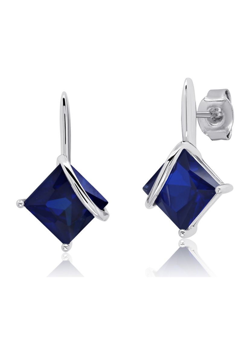 Sterling Silver 7MM Princess Cut Gemstone Drop Earrings