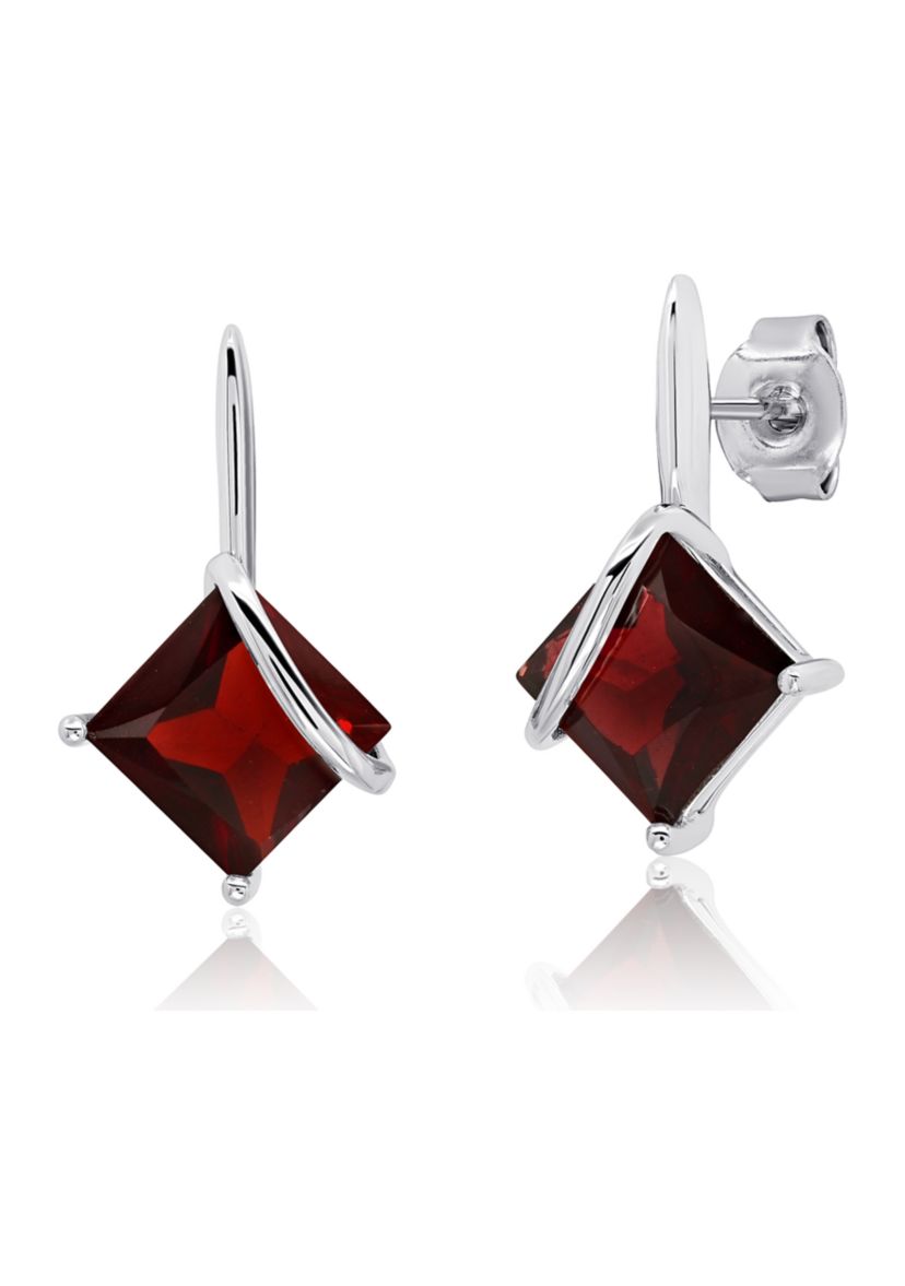 Sterling Silver 7MM Princess Cut Gemstone Drop Earrings