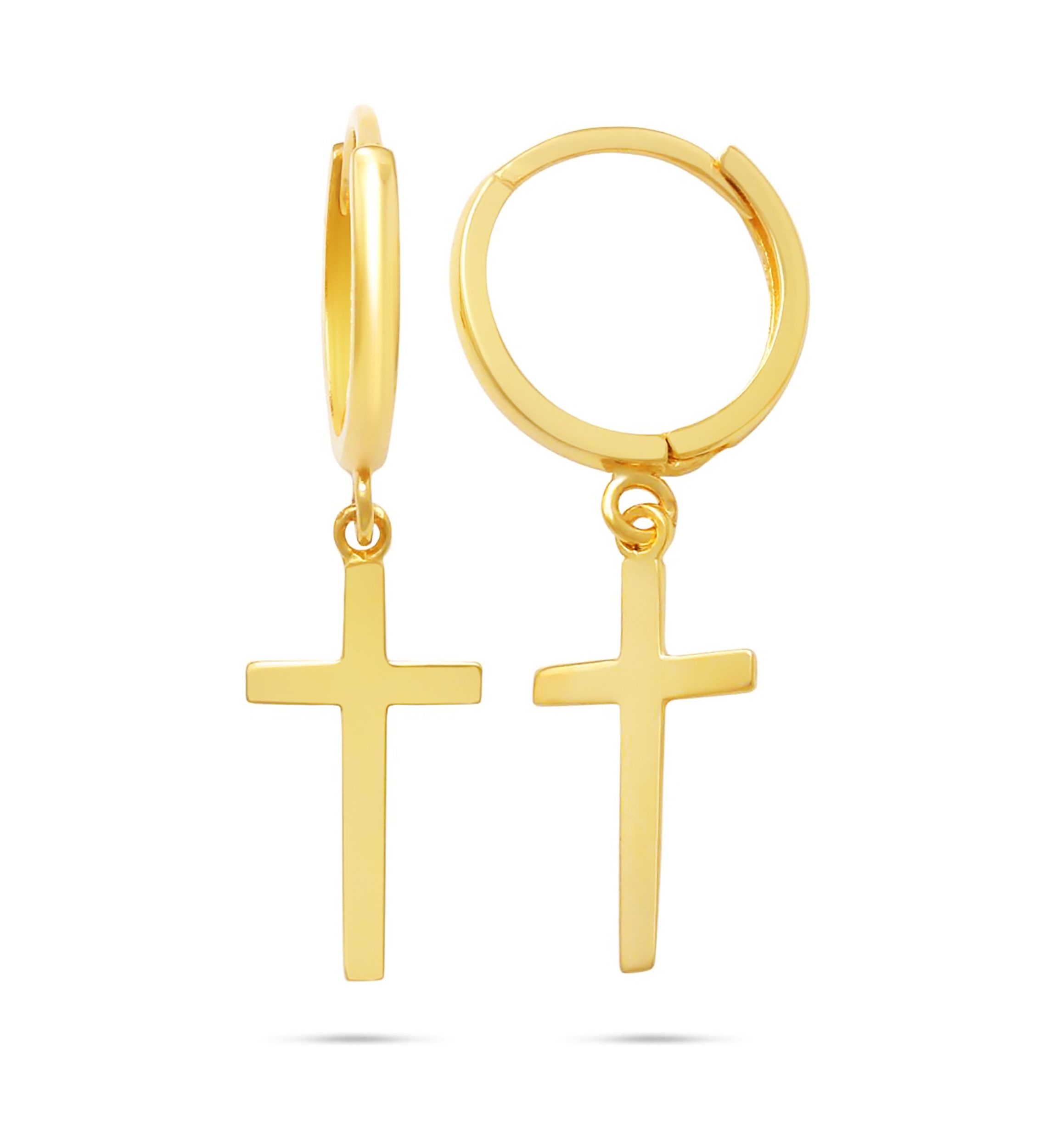 10k Solid Yellow or White Gold Minimalist Huggie Hoop Earrings with Dangle Cross