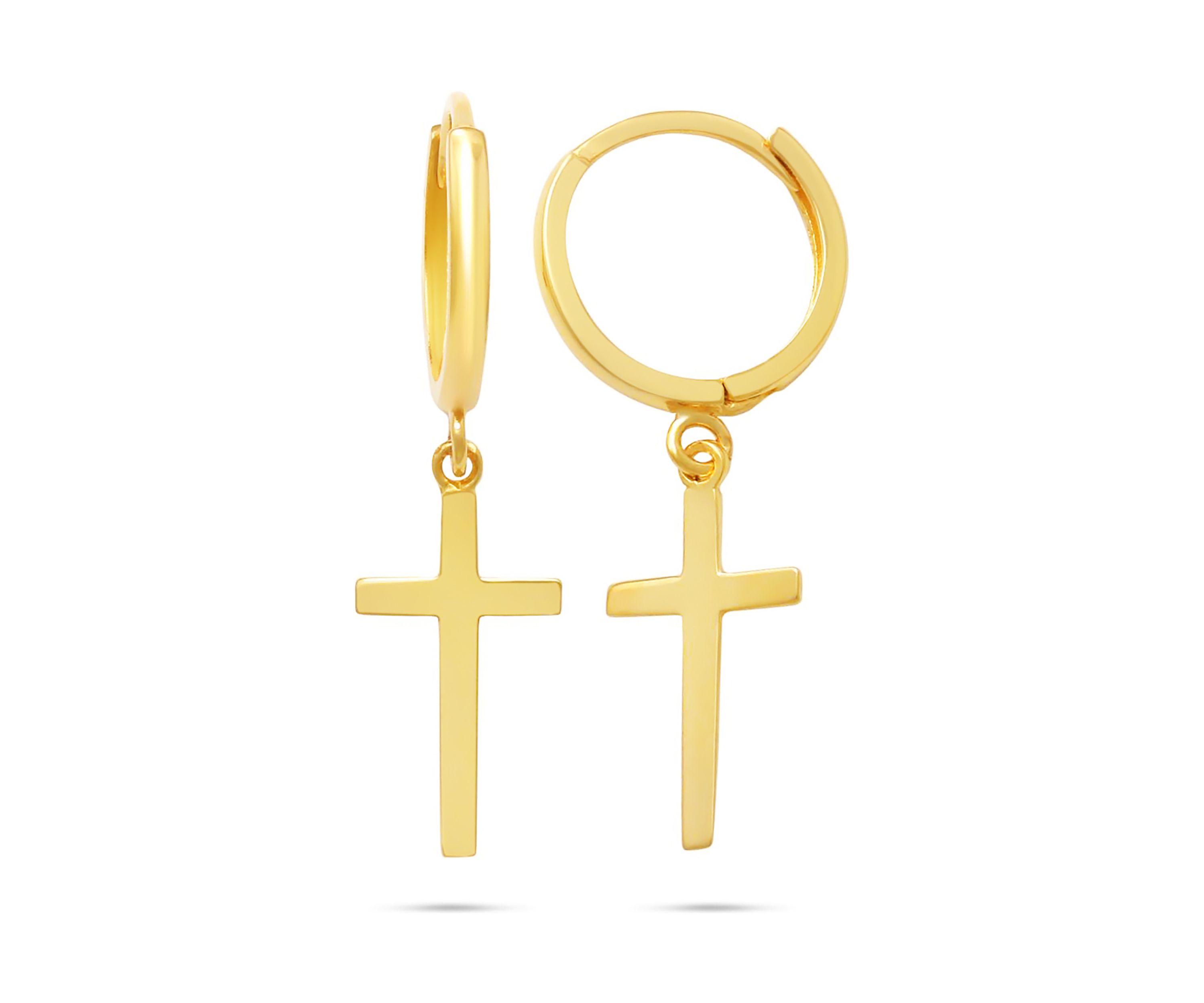 10k Solid Yellow or White Gold Minimalist Huggie Hoop Earrings with Dangle Cross