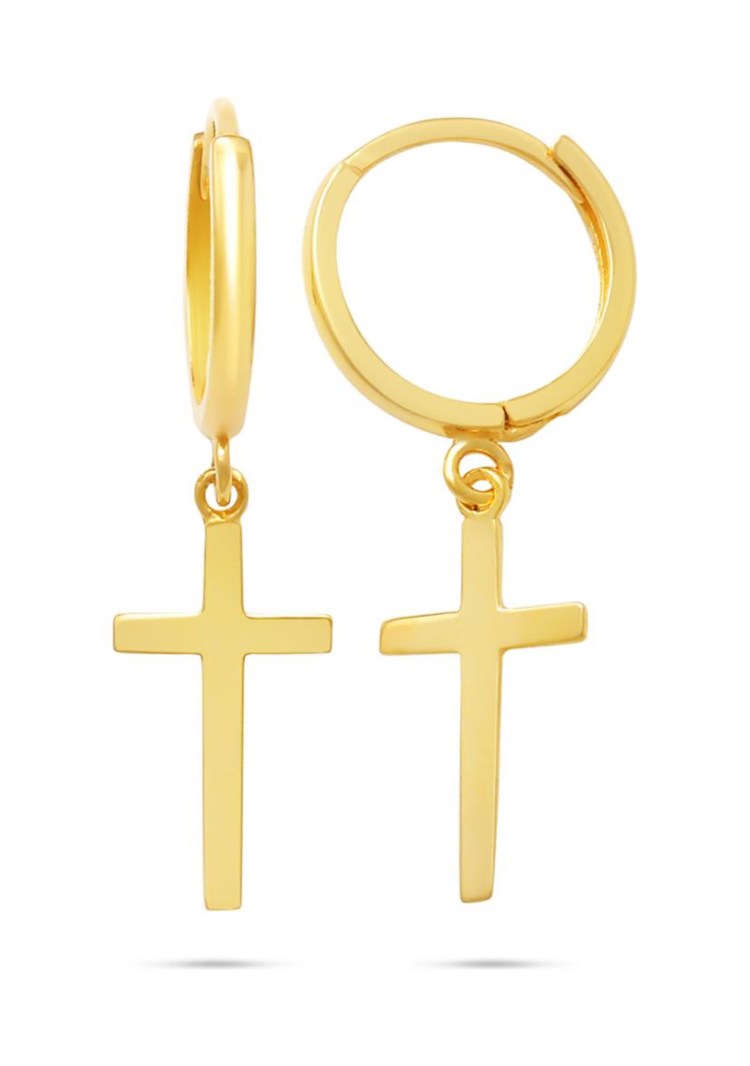 10k Solid Yellow or White Gold Minimalist Huggie Hoop Earrings with Dangle Cross