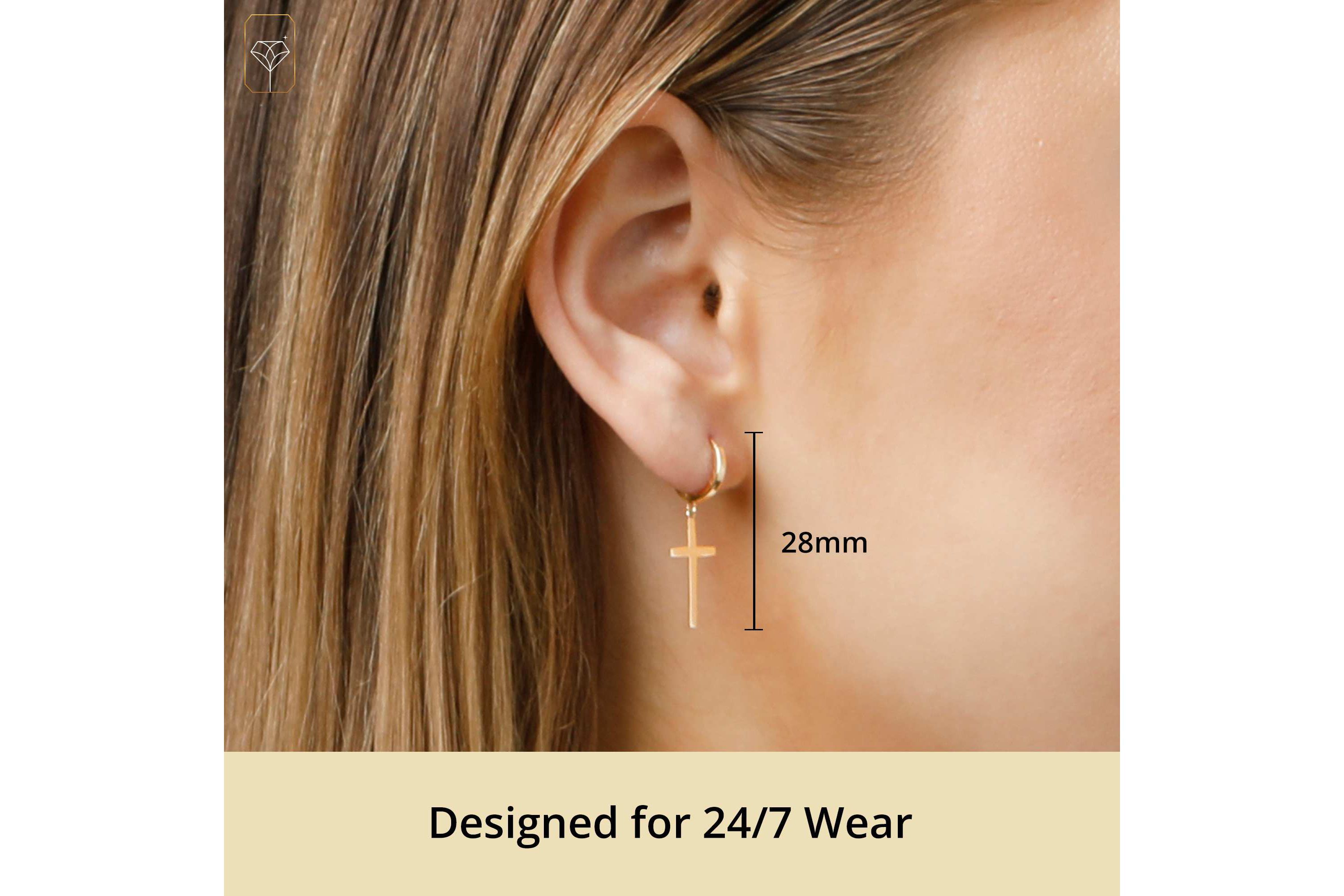 10k Solid Yellow or White Gold Minimalist Huggie Hoop Earrings with Dangle Cross