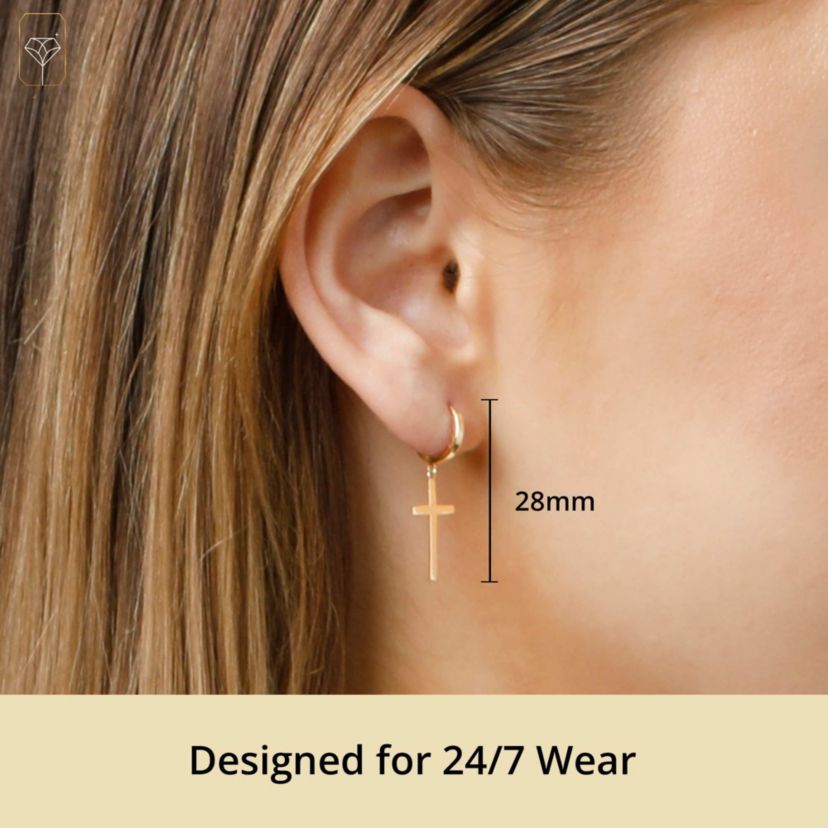10k Solid Yellow or White Gold Minimalist Huggie Hoop Earrings with Dangle Cross