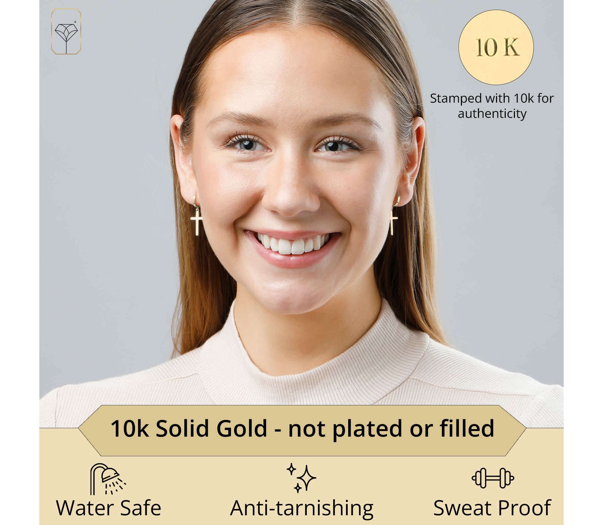 10k Solid Yellow or White Gold Minimalist Huggie Hoop Earrings with Dangle Cross