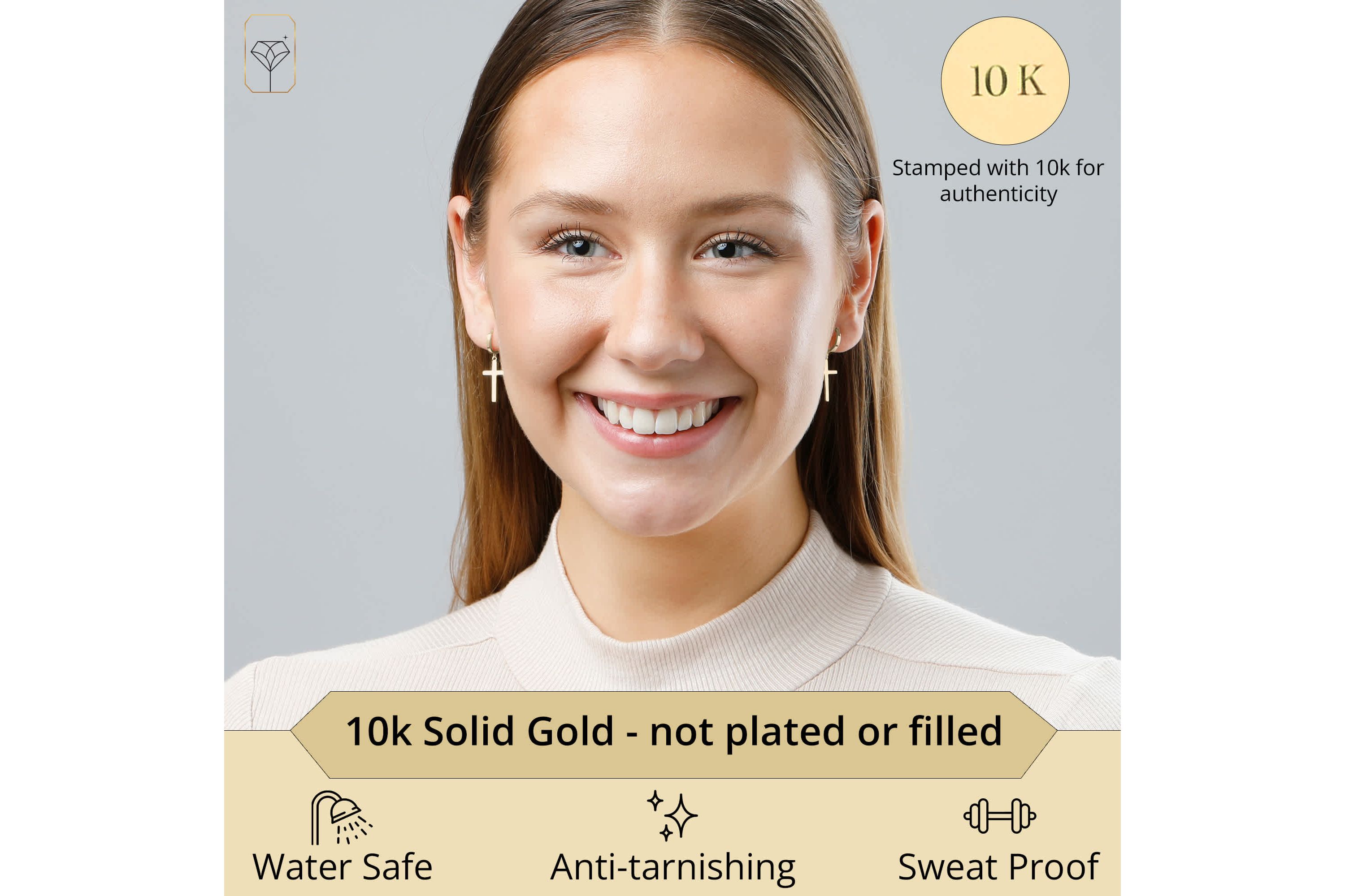 10k Solid Yellow or White Gold Minimalist Huggie Hoop Earrings with Dangle Cross