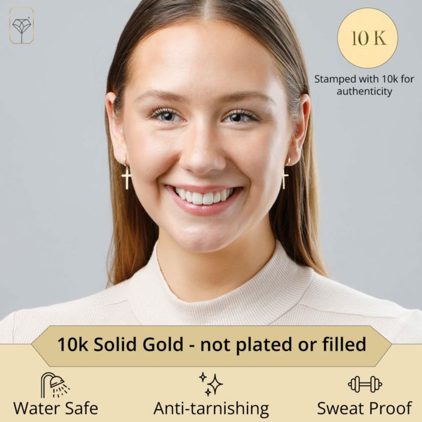 10k Solid Yellow or White Gold Minimalist Huggie Hoop Earrings with Dangle Cross