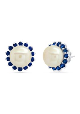 Belk & Co Sterling Silver 9mm Cultured Pearl and Created Blue Sapphire Gemstone Earrings