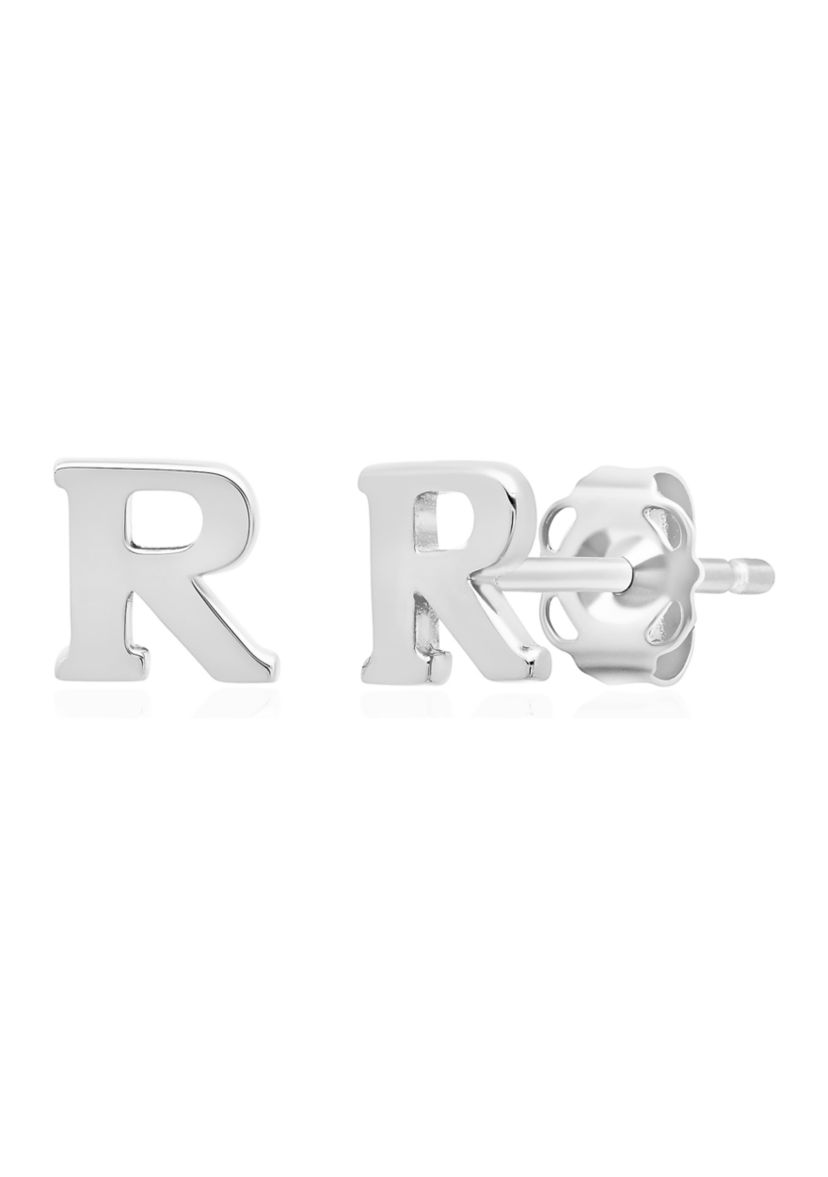 Letter R Stud Earrings in 14K White Gold