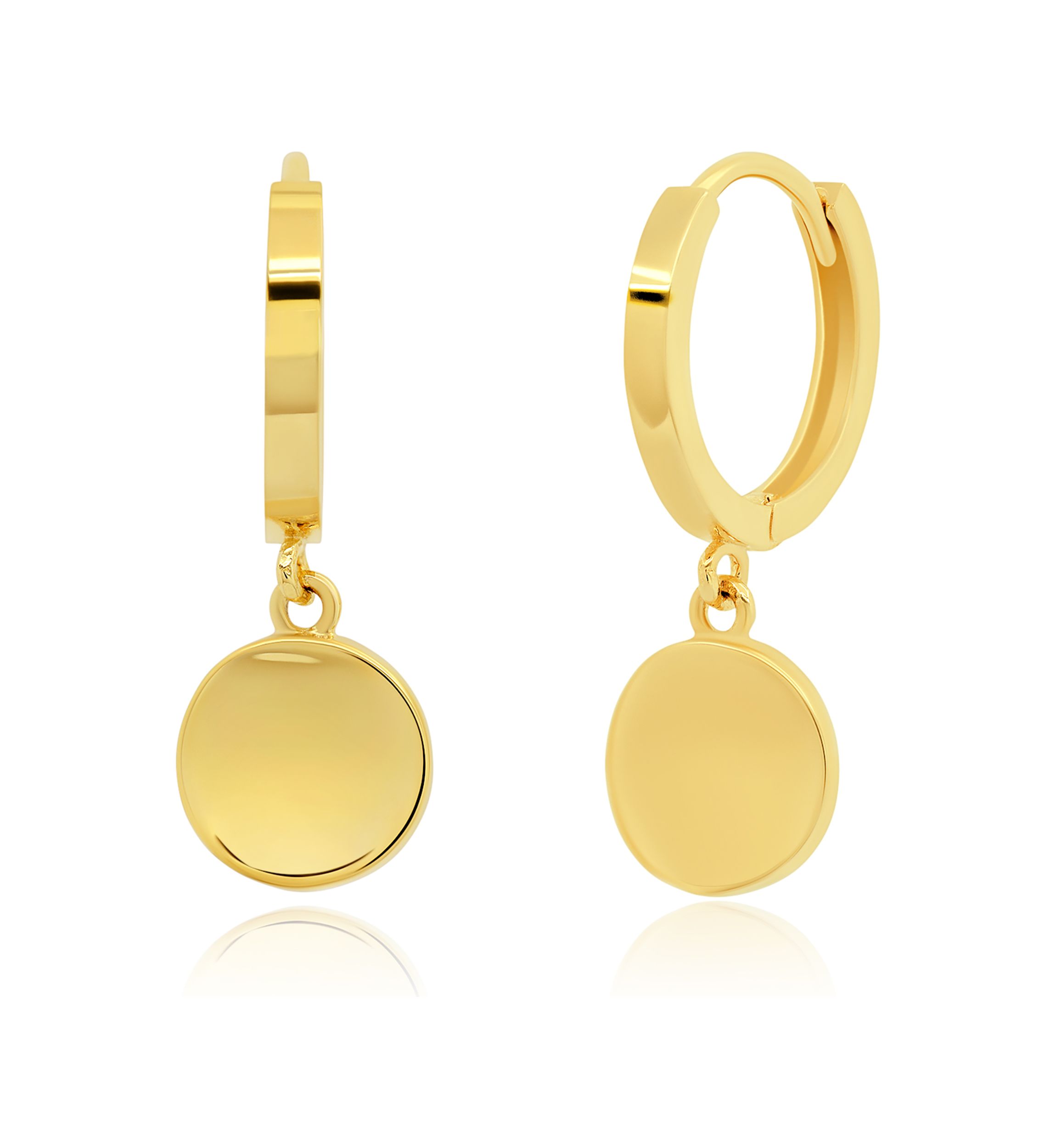 Genuine 14K Yellow Gold Minimalist Huggie Hoop Earrings with Dangle Round Plates