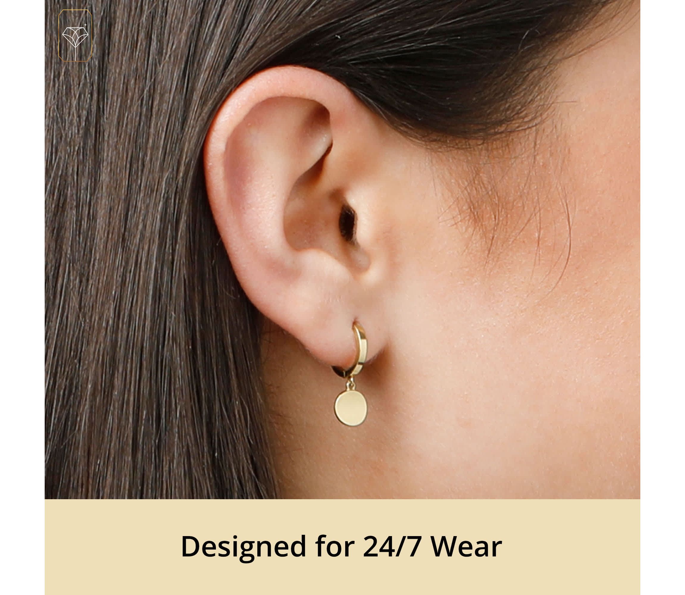 Genuine 14K Yellow Gold Minimalist Huggie Hoop Earrings with Dangle Round Plates
