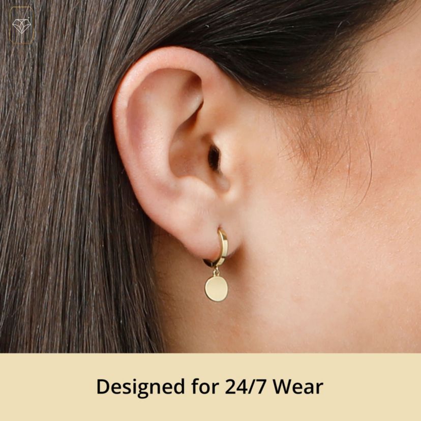 Genuine 14K Yellow Gold Minimalist Huggie Hoop Earrings with Dangle Round Plates