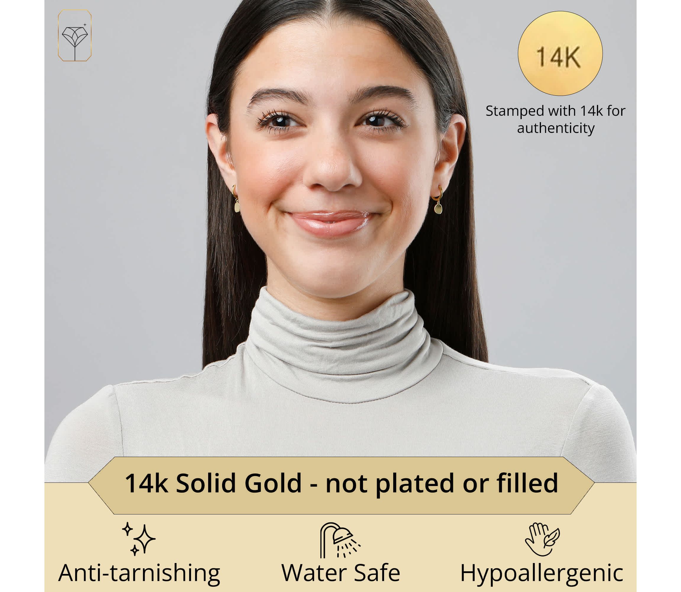 Genuine 14K Yellow Gold Minimalist Huggie Hoop Earrings with Dangle Round Plates