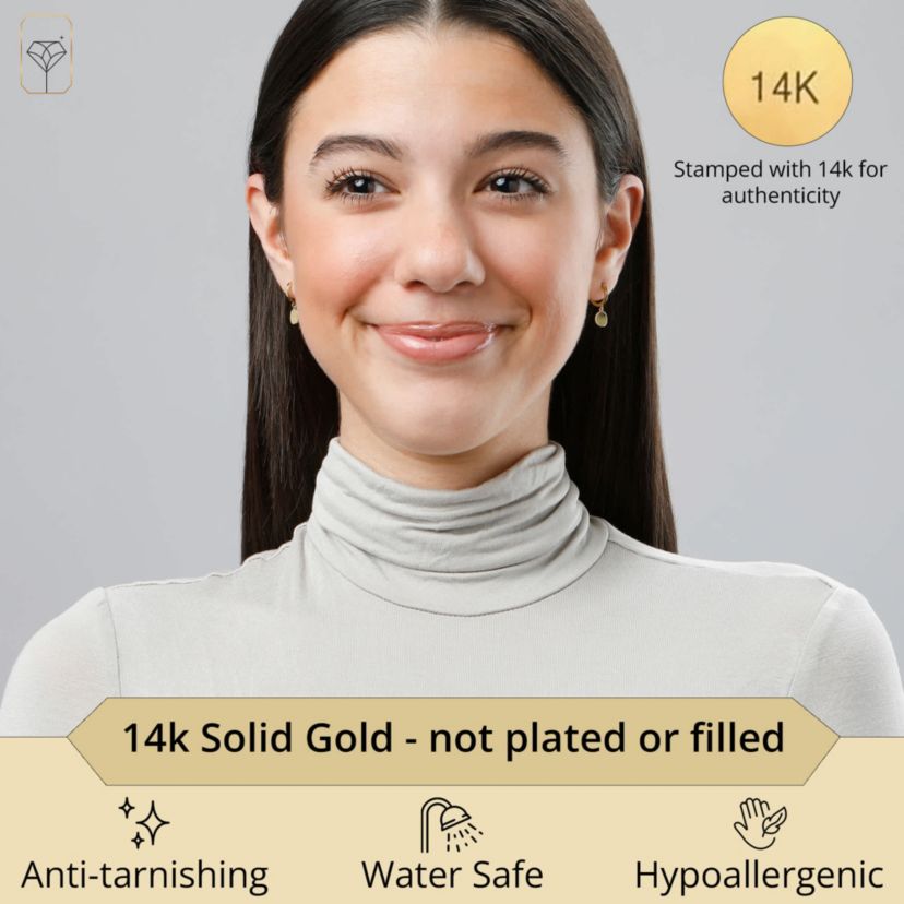 Genuine 14K Yellow Gold Minimalist Huggie Hoop Earrings with Dangle Round Plates