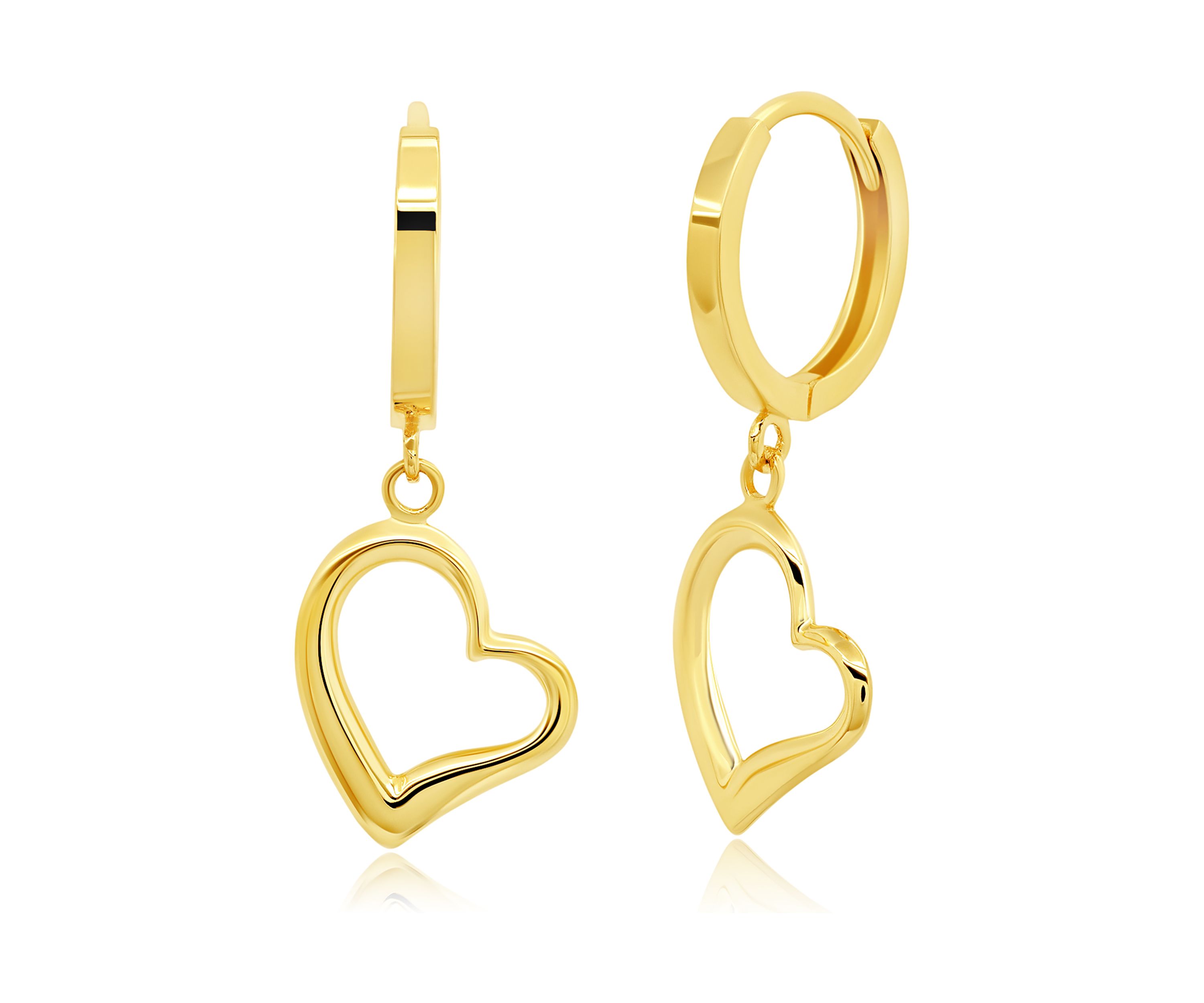 Genuine 14K Yellow Gold Minimalist Huggie Hoop Earrings with Dangle Hearts