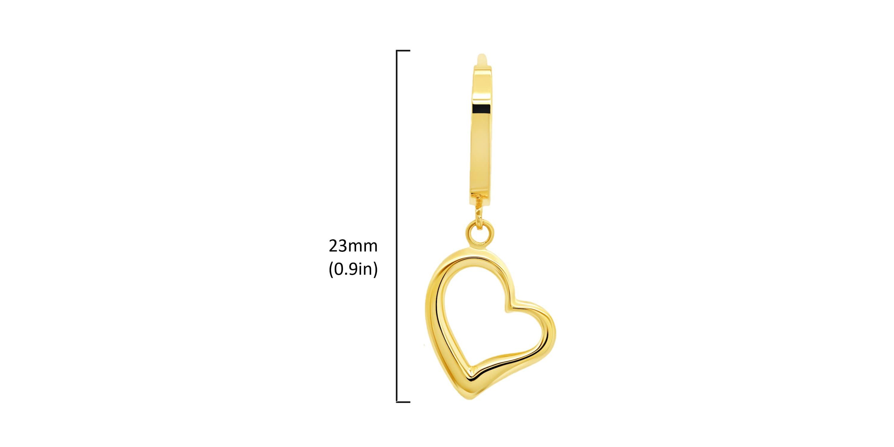 Genuine 14K Yellow Gold Minimalist Huggie Hoop Earrings with Dangle Hearts