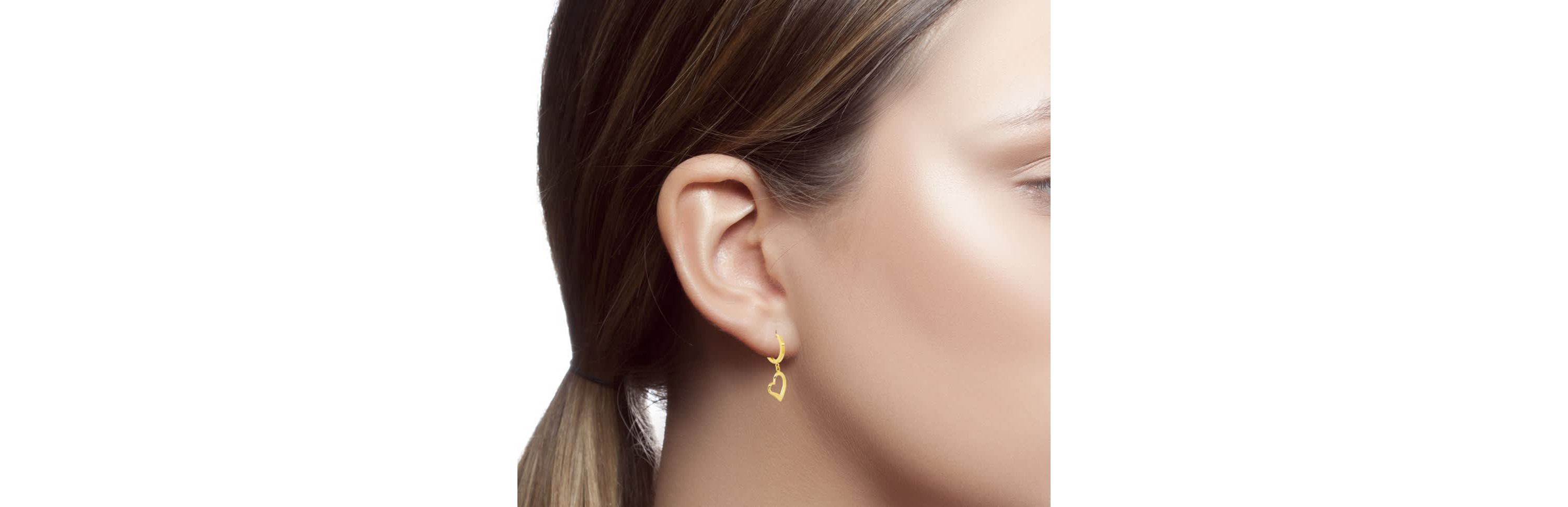 Genuine 14K Yellow Gold Minimalist Huggie Hoop Earrings with Dangle Hearts