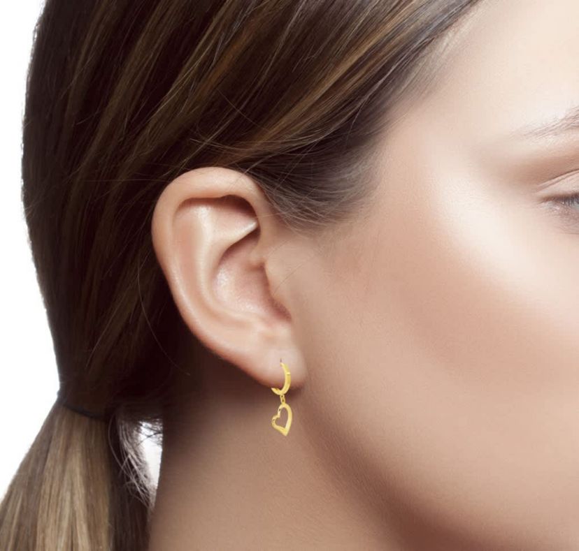 Genuine 14K Yellow Gold Minimalist Huggie Hoop Earrings with Dangle Hearts
