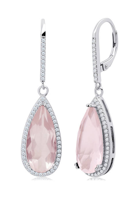 Pear-Cut Rose Quartz and White Topaz Halo Dangle Lever Back Earrings in Sterling Silver (18 in x 8 mm)
