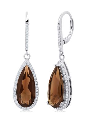 Belk & Co Pear-Cut Smoky Quartz and White Topaz Halo Dangle Lever Back Earrings in Sterling Silver (18 in x 8 mm)