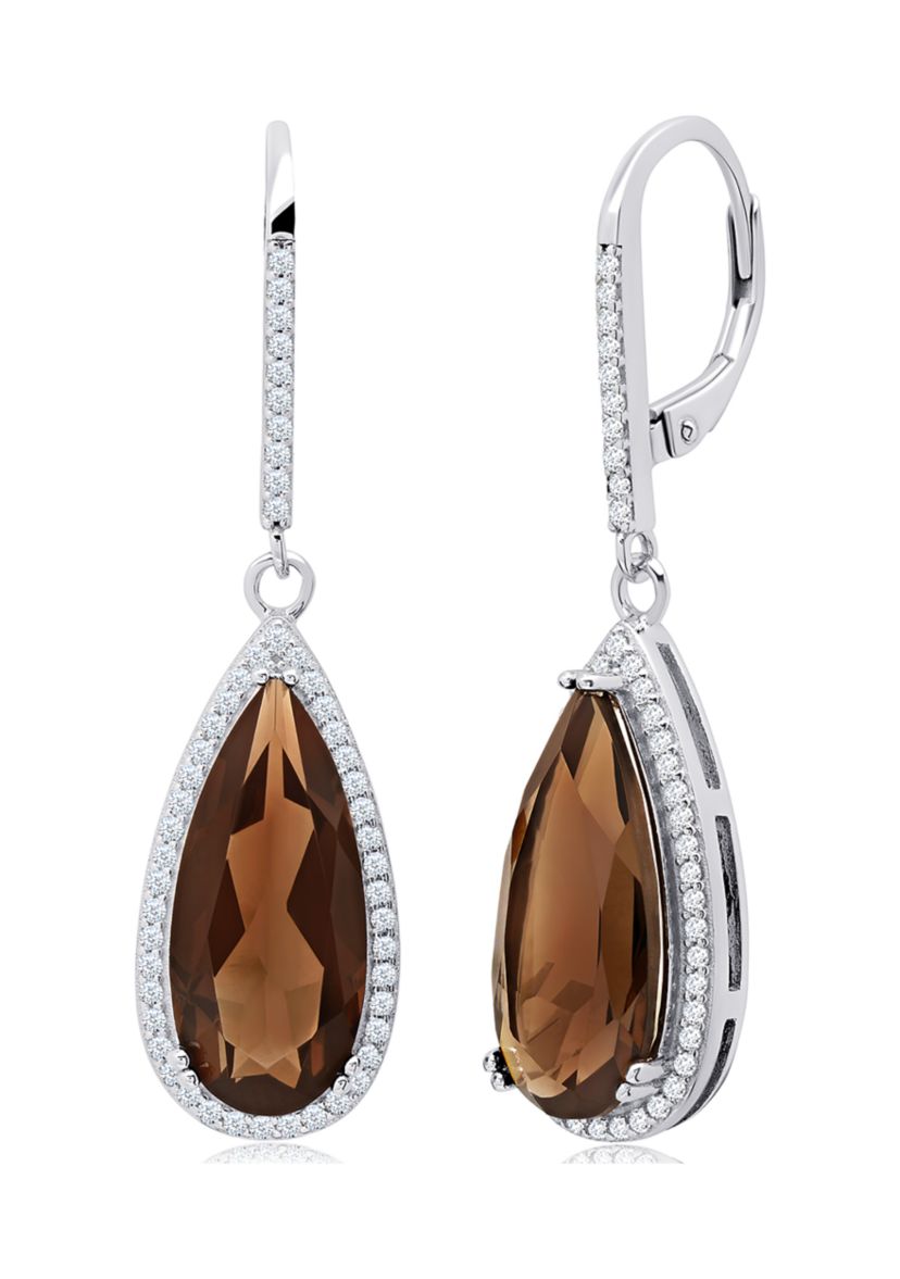 Pear-Cut Smoky Quartz and White Topaz Halo Dangle Lever Back Earrings in Sterling Silver (18 in x 8 mm)