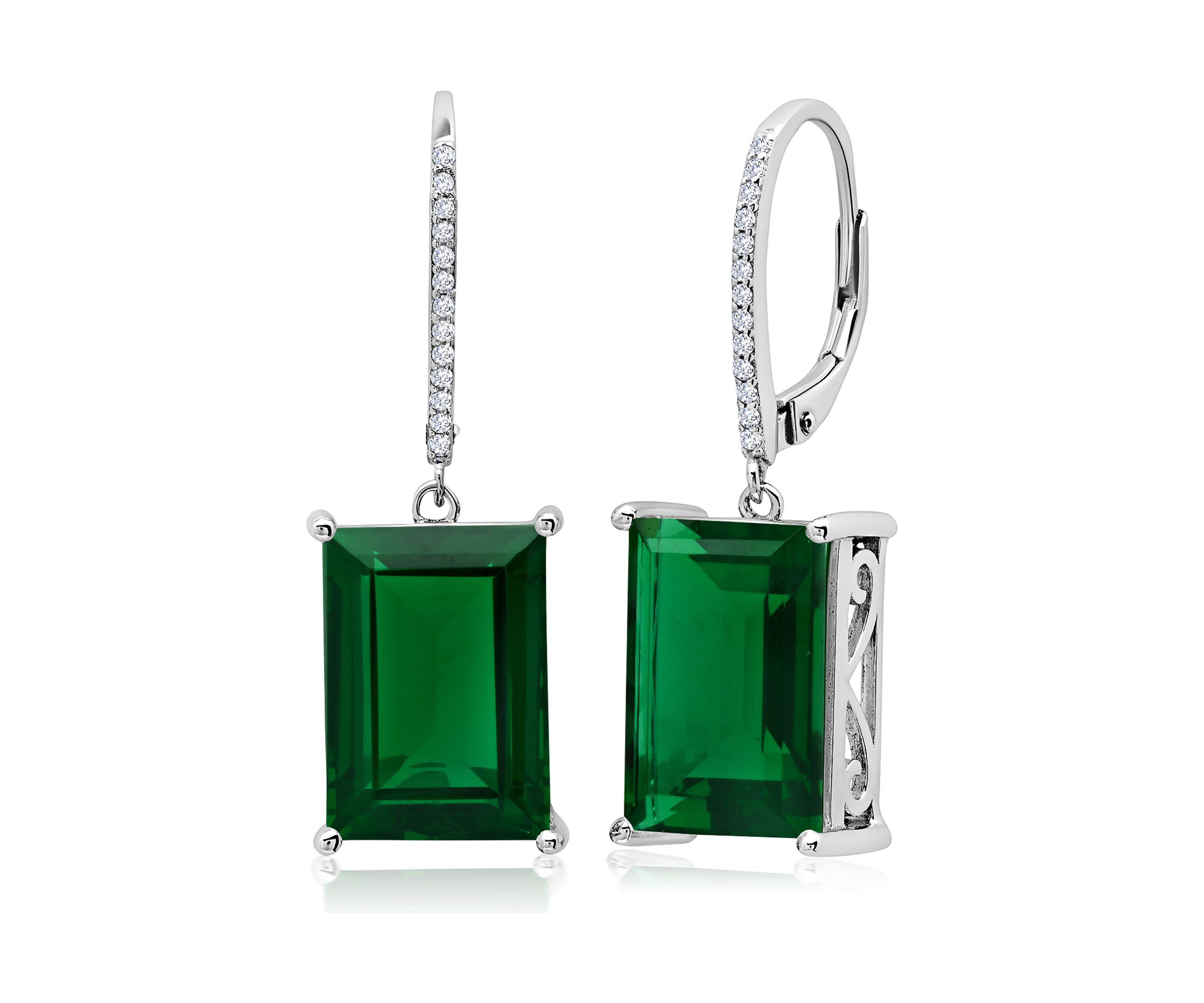 Emerald Cut Green Quartz Dangle White Topaz Detail Leverback Earrings in Sterling Silver 