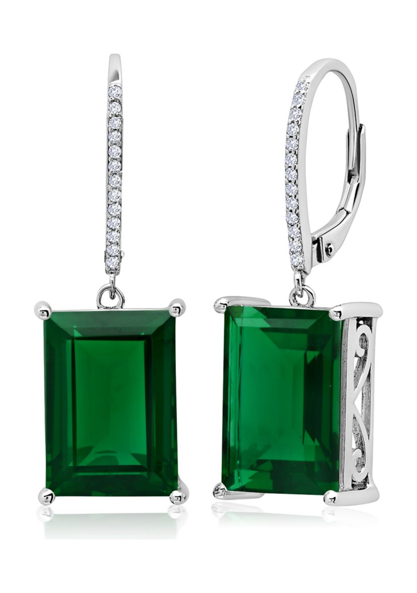 Emerald Cut Green Quartz Dangle White Topaz Detail Leverback Earrings in Sterling Silver 