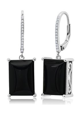 Belk & Co Emerald-Cut Onyx Quartz Dangle White Topaz Detail Lever Back Earrings in Sterling Silver (14 mm x 10 mm)