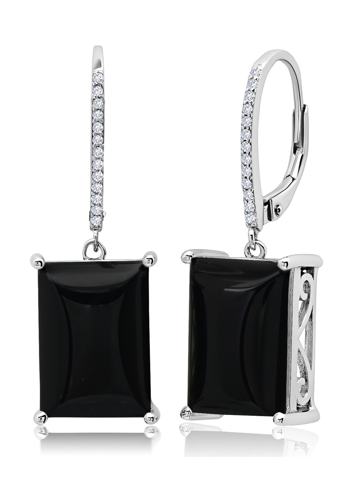 Emerald-Cut Onyx Quartz Dangle White Topaz Detail Lever Back Earrings in Sterling Silver (14 mm x 10 mm) 