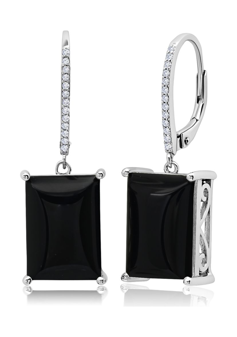 Emerald-Cut Onyx Quartz Dangle White Topaz Detail Lever Back Earrings in Sterling Silver (14 mm x 10 mm) 