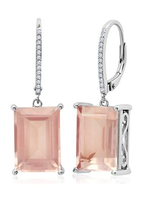 Belk & Co Emerald Cut Rose Quartz Dangle White Topaz Detail Leverback Earrings in Sterling Silver (14x10mm)