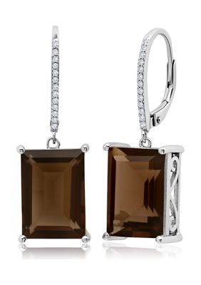 Belk & Co Emerald-Cut Smoky Quartz Dangle White Topaz Detail Lever Back Earrings in Sterling Silver (14 mm x 10 mm)