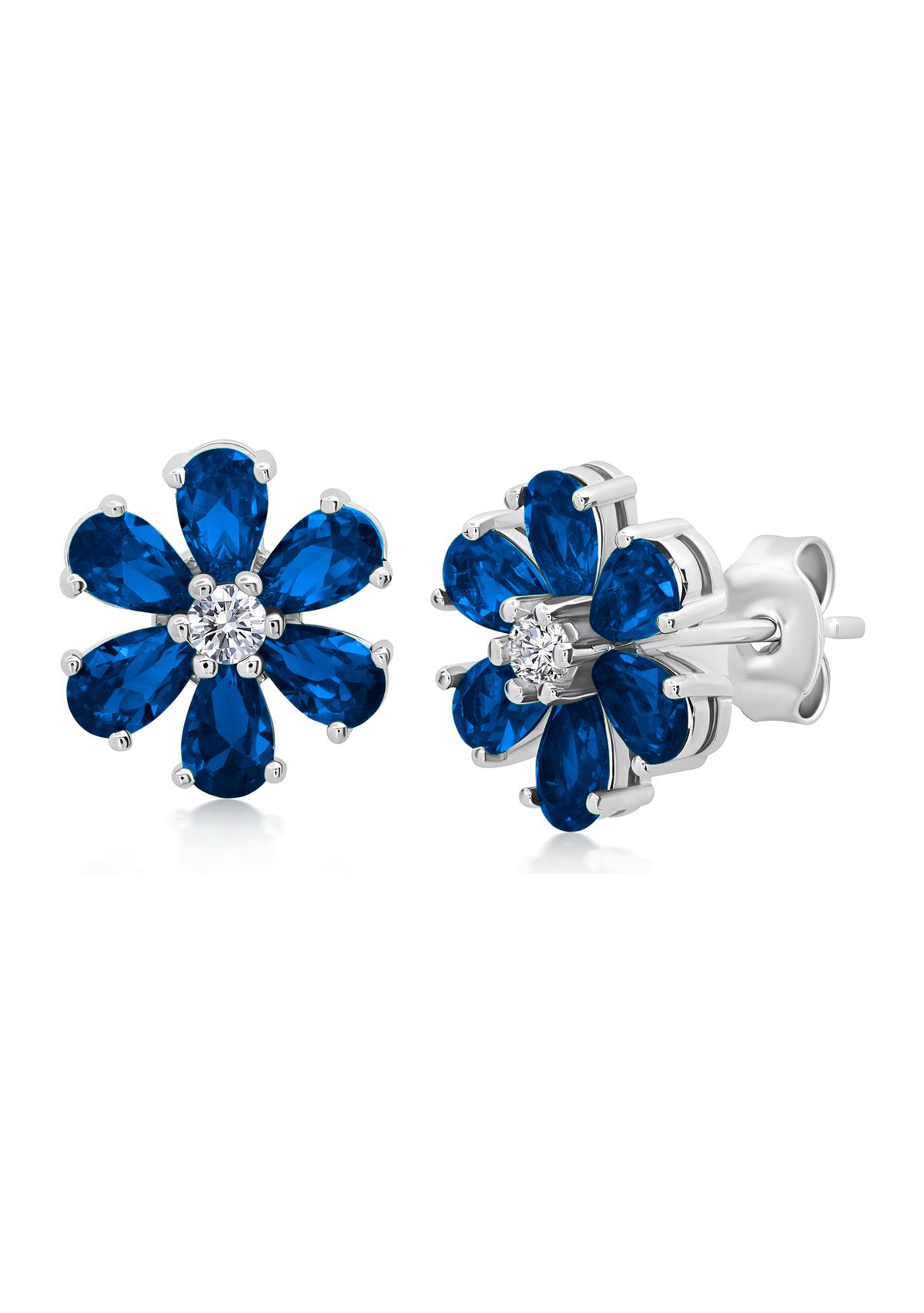 Created Blue Sapphire Flower Stud Earrings in 925 Sterling Silver