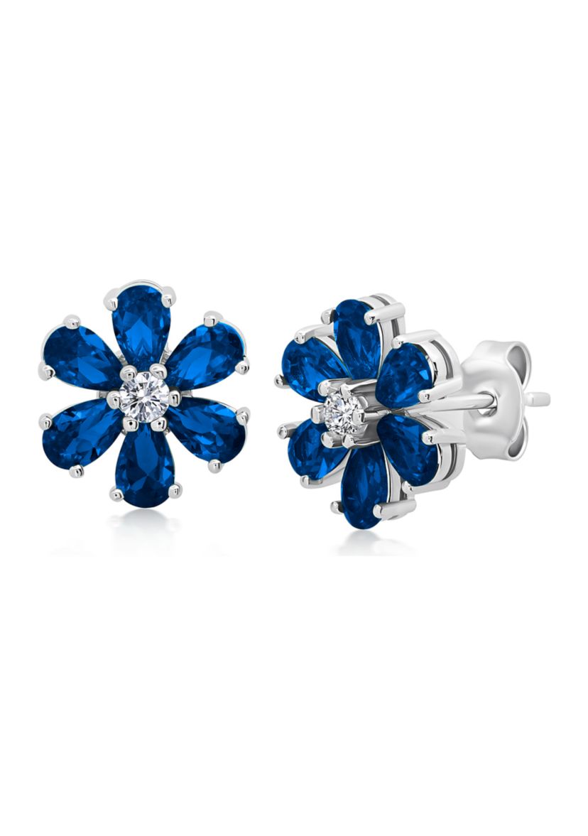 Created Blue Sapphire Flower Stud Earrings in 925 Sterling Silver