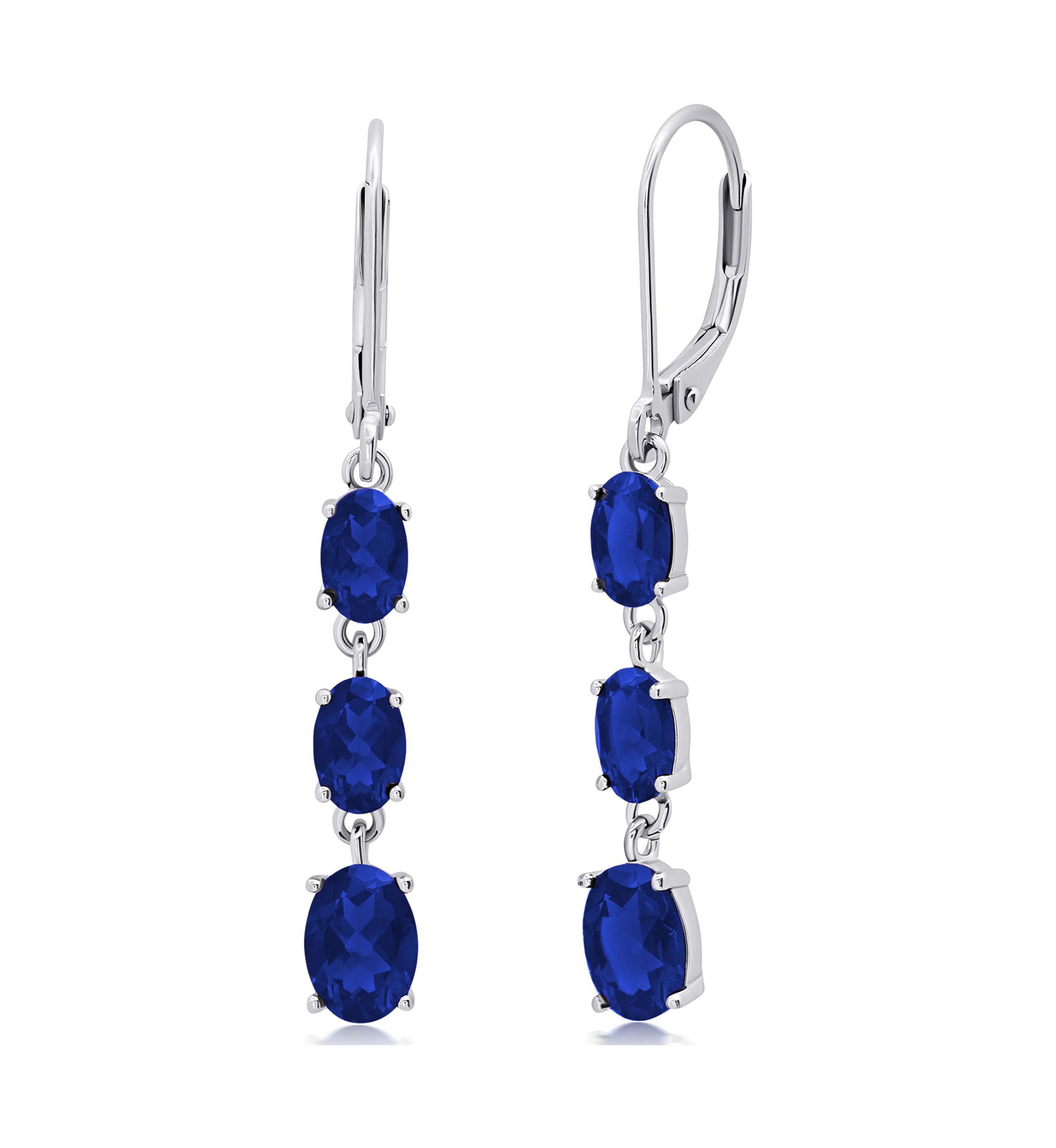Created Blue Sapphire Oval Shape Dangle Earrings in 925 Sterling Silver 