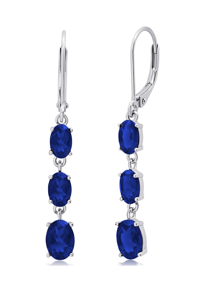 Created Blue Sapphire Oval Shape Dangle Earrings in 925 Sterling Silver 